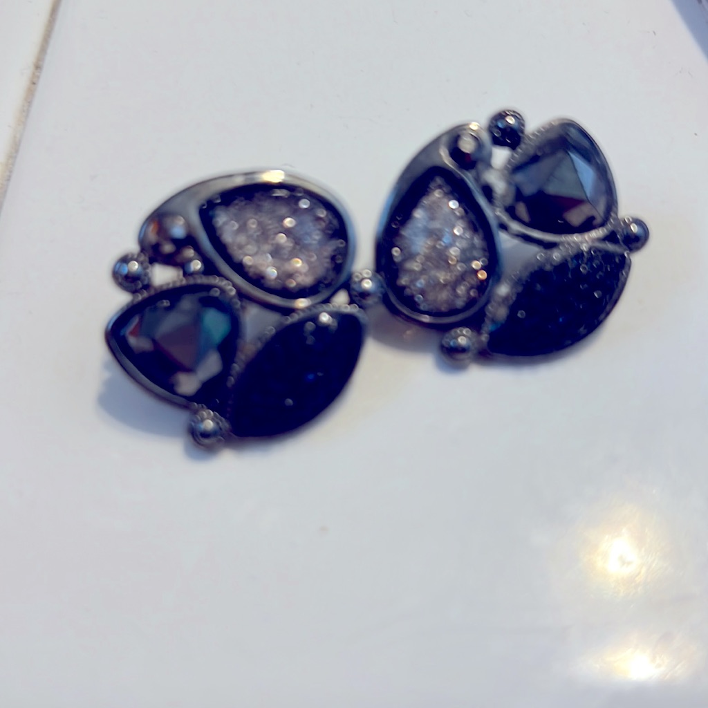 Stud Earrings Multi Stone Black Brown And Black Crystal, Silver Tone
